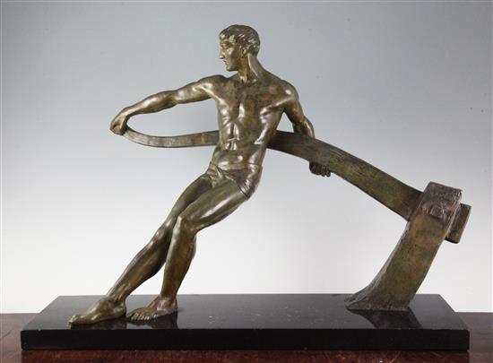 Guiraud-Riviere. A bronze figure of a man The Helmsman, H. 18.5in.
